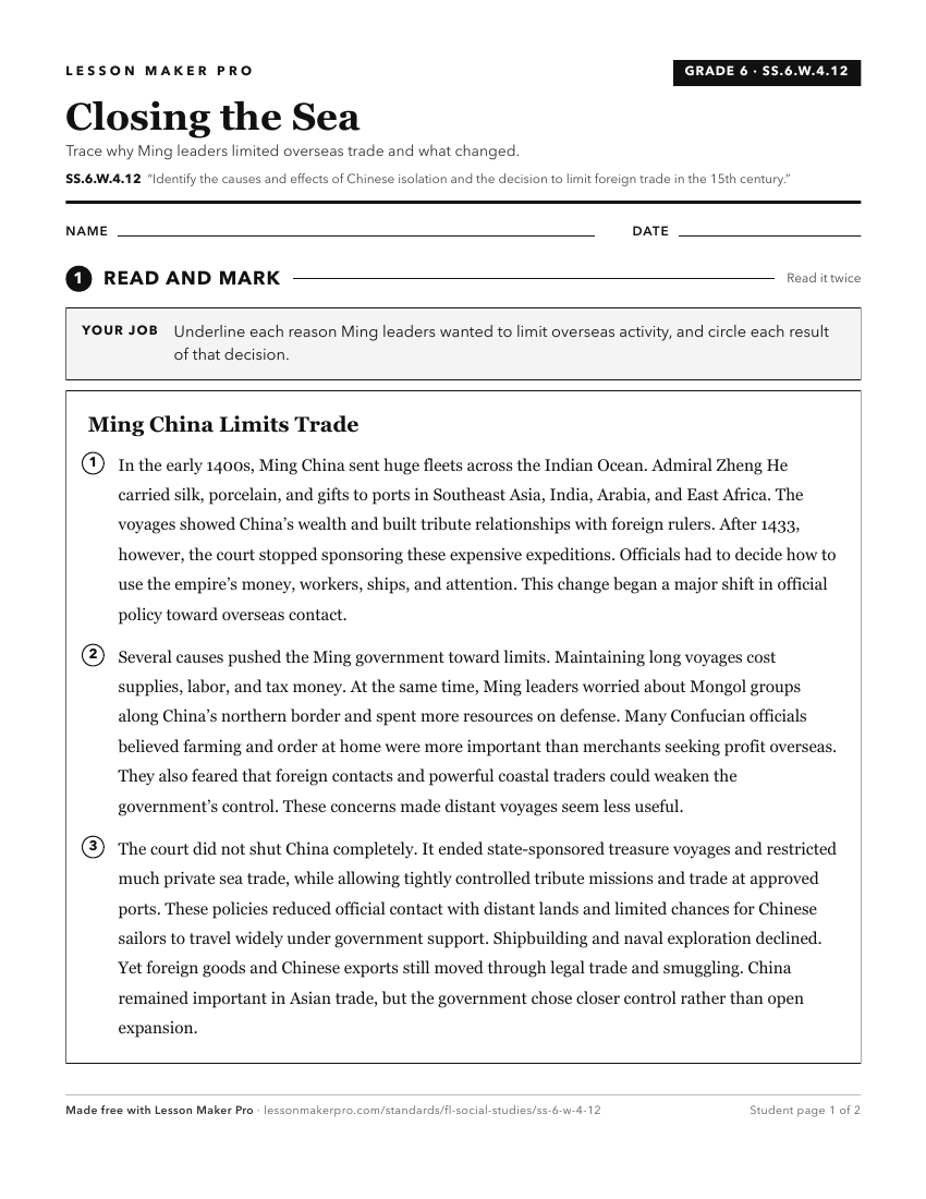 Preview of the SS.6.W.4.12 printable worksheet