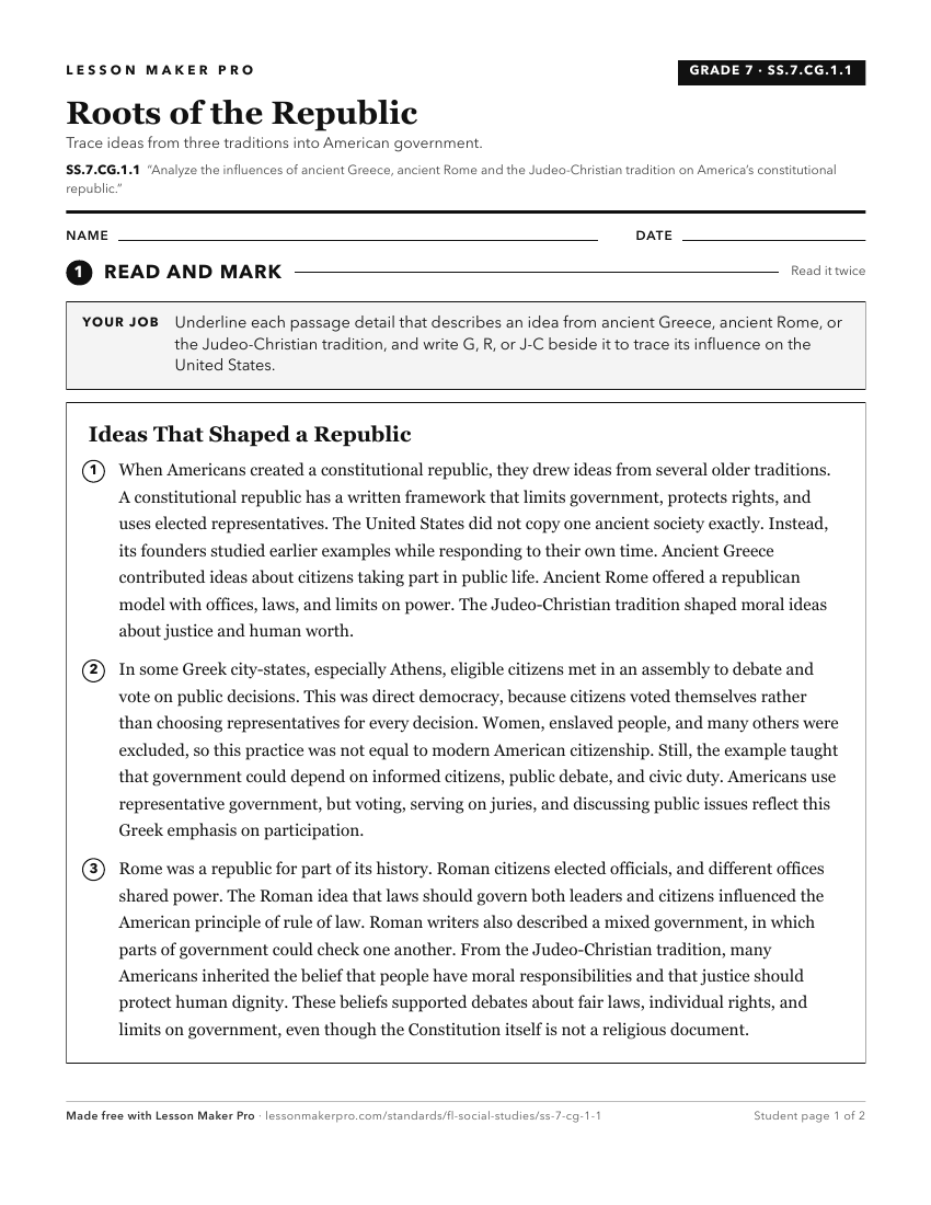 Preview of the SS.7.CG.1.1 printable worksheet