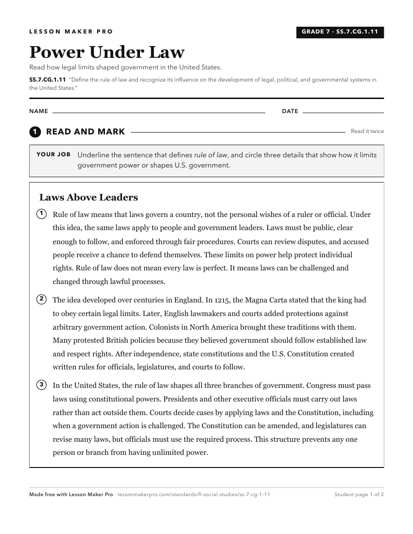 Preview of the SS.7.CG.1.11 printable worksheet