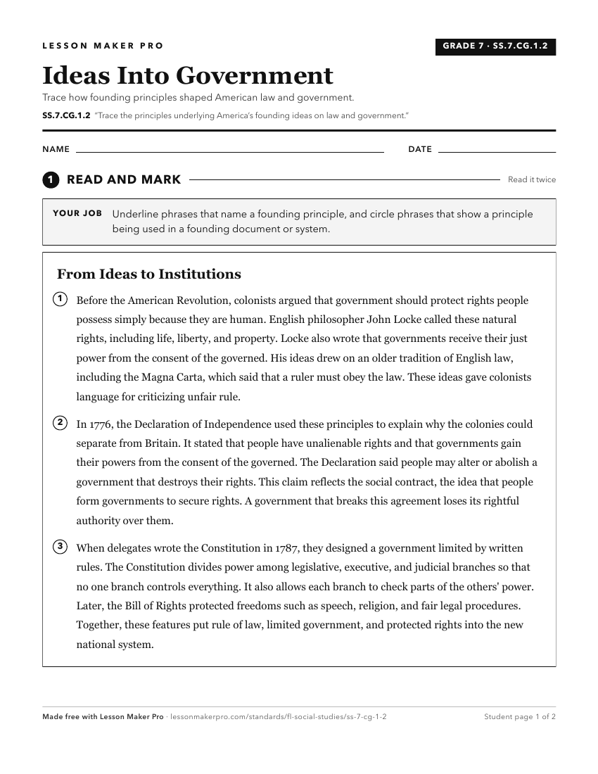Preview of the SS.7.CG.1.2 printable worksheet