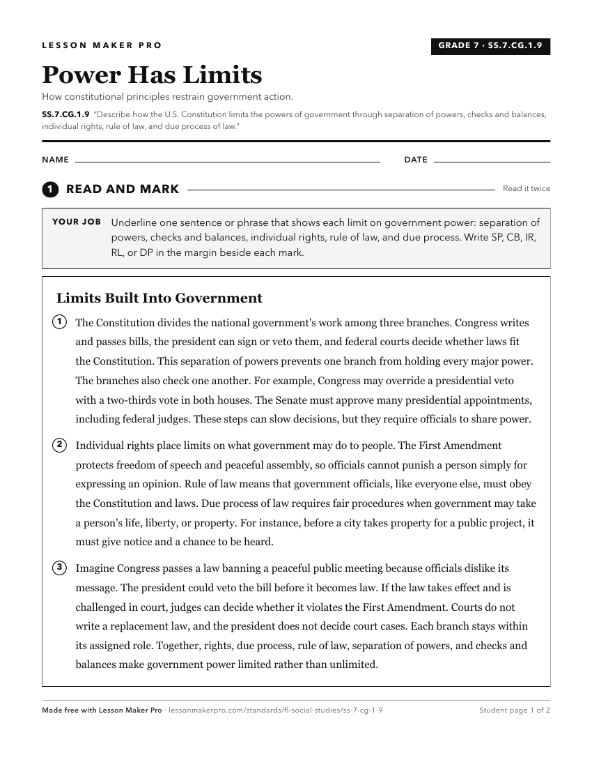 Preview of the SS.7.CG.1.9 printable worksheet