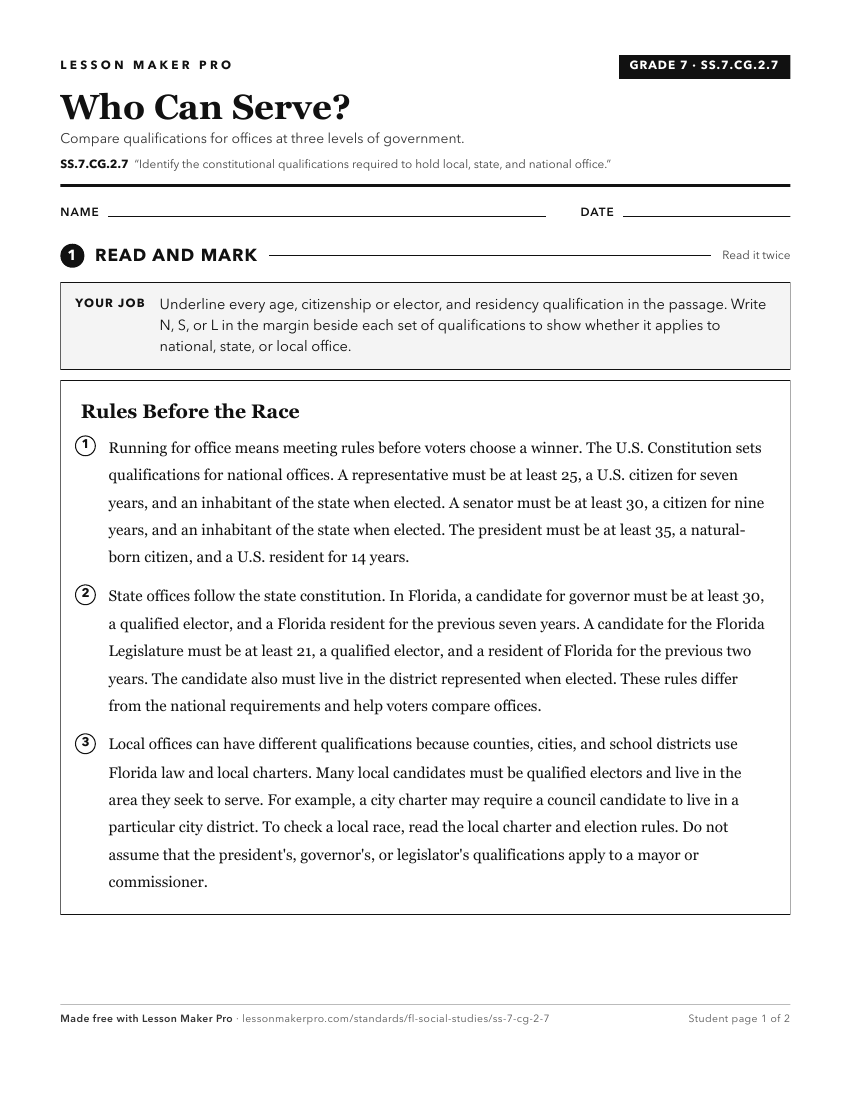 Preview of the SS.7.CG.2.7 printable worksheet