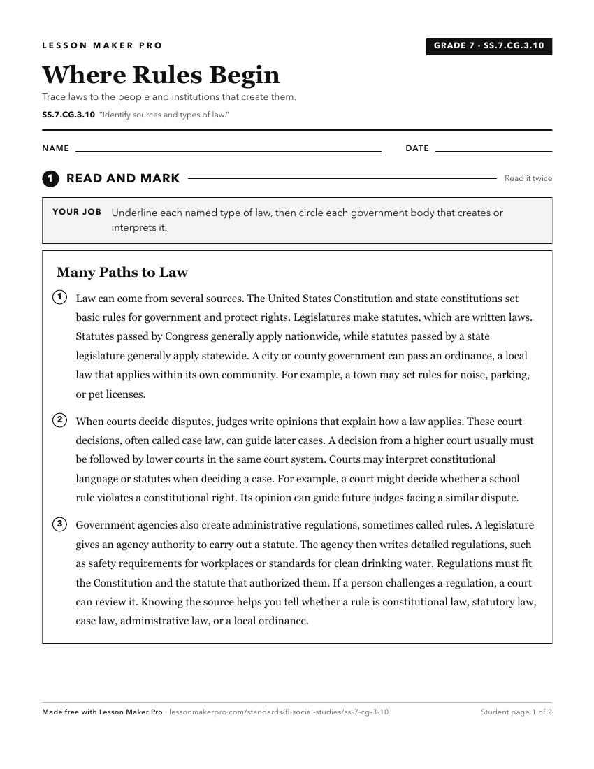 Preview of the SS.7.CG.3.10 printable worksheet