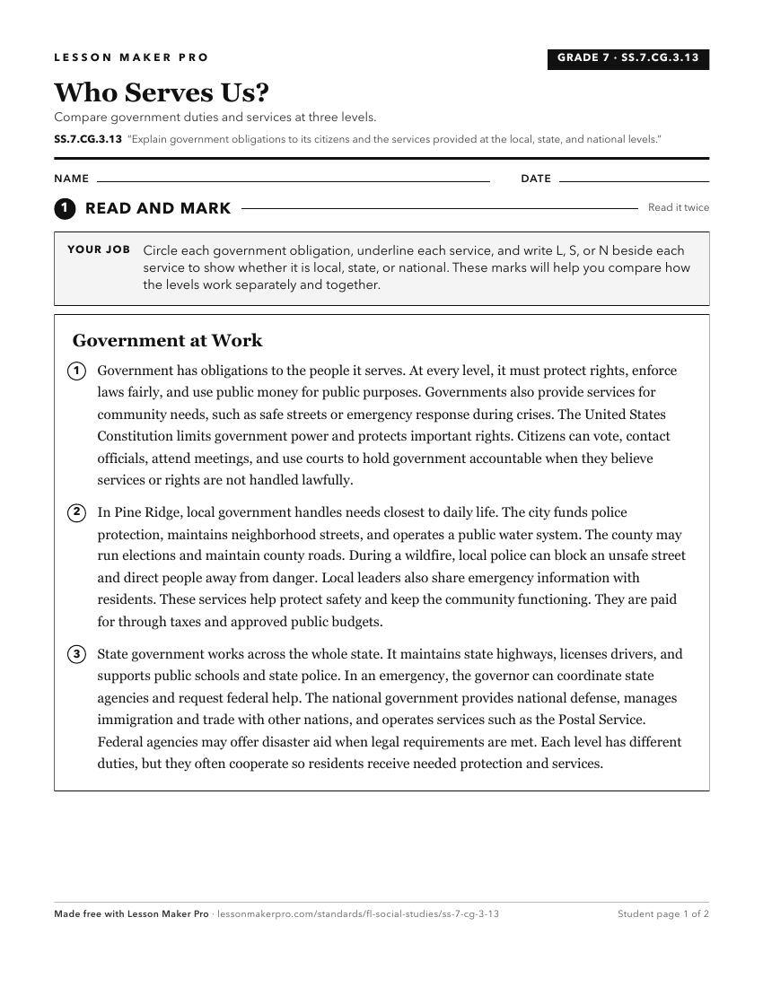 Preview of the SS.7.CG.3.13 printable worksheet