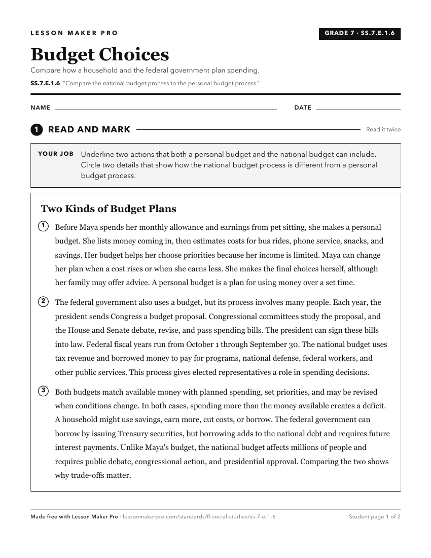 Preview of the SS.7.E.1.6 printable worksheet
