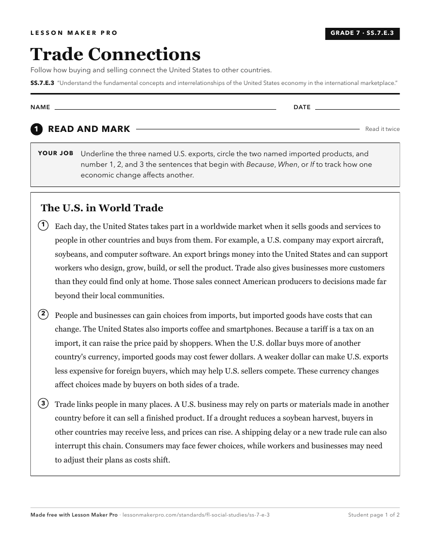 Preview of the SS.7.E.3 printable worksheet