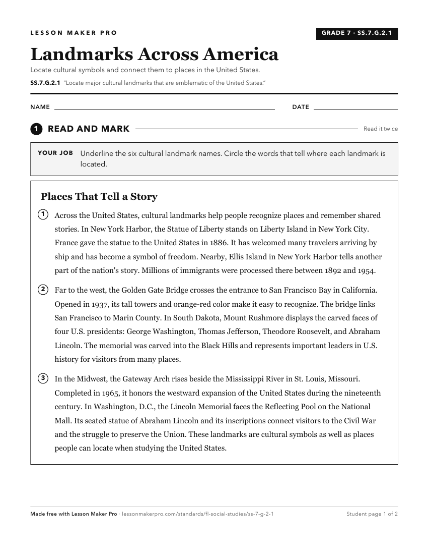 Preview of the SS.7.G.2.1 printable worksheet
