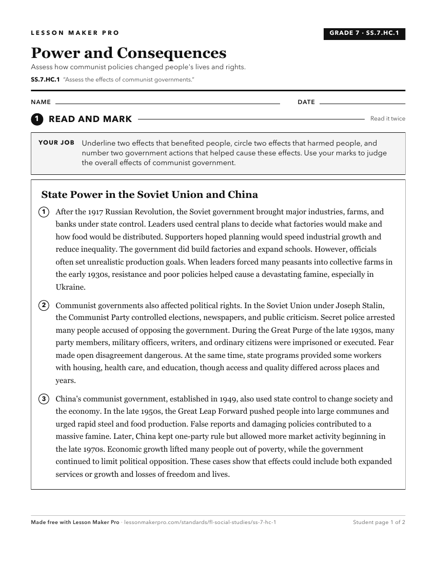 Preview of the SS.7.HC.1 printable worksheet