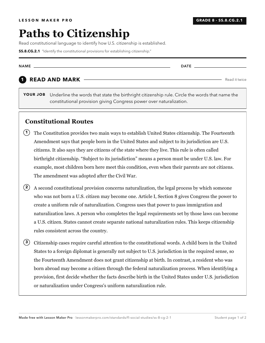 Preview of the SS.8.CG.2.1 printable worksheet