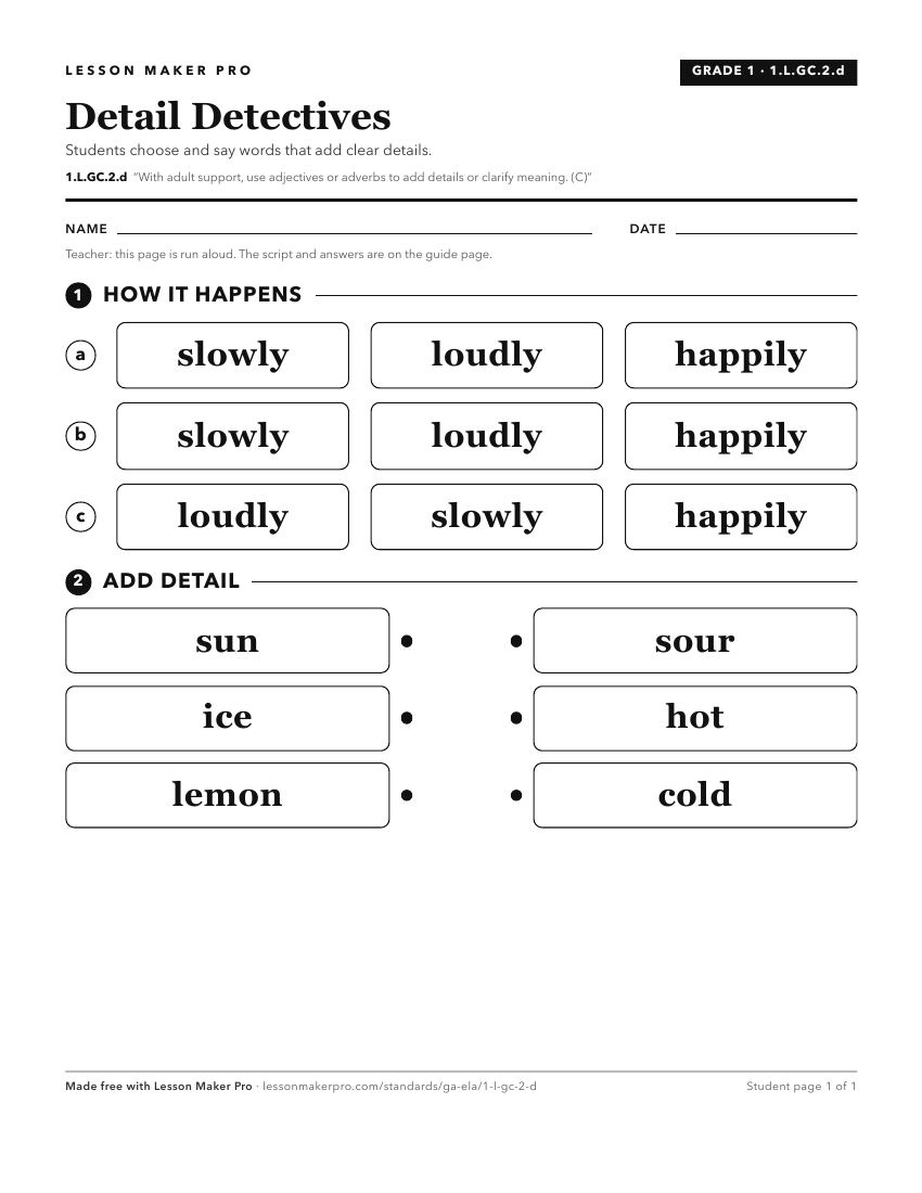 Preview of the 1.L.GC.2.d printable worksheet
