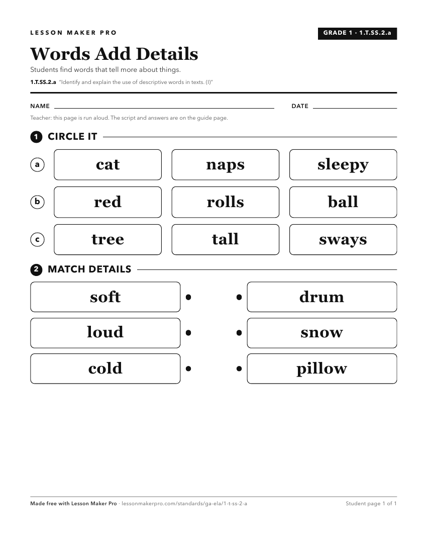 Preview of the 1.T.SS.2.a printable worksheet