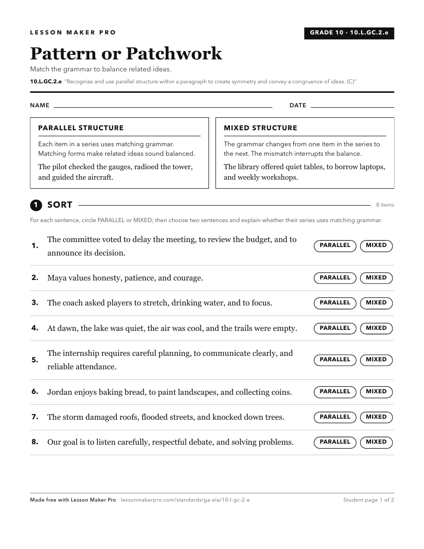 Preview of the 10.L.GC.2.e printable worksheet