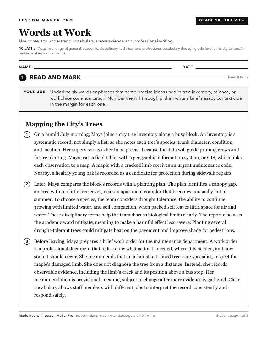 Preview of the 10.L.V.1.a printable worksheet
