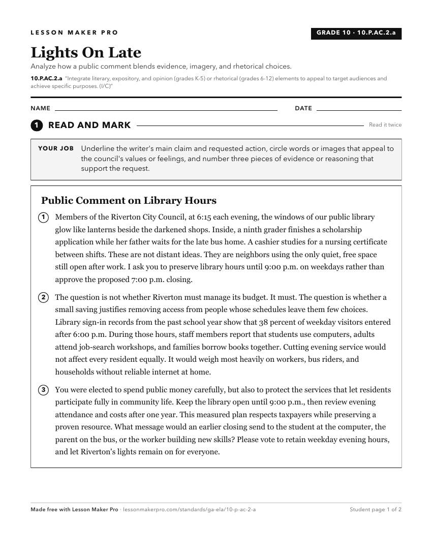 Preview of the 10.P.AC.2.a printable worksheet