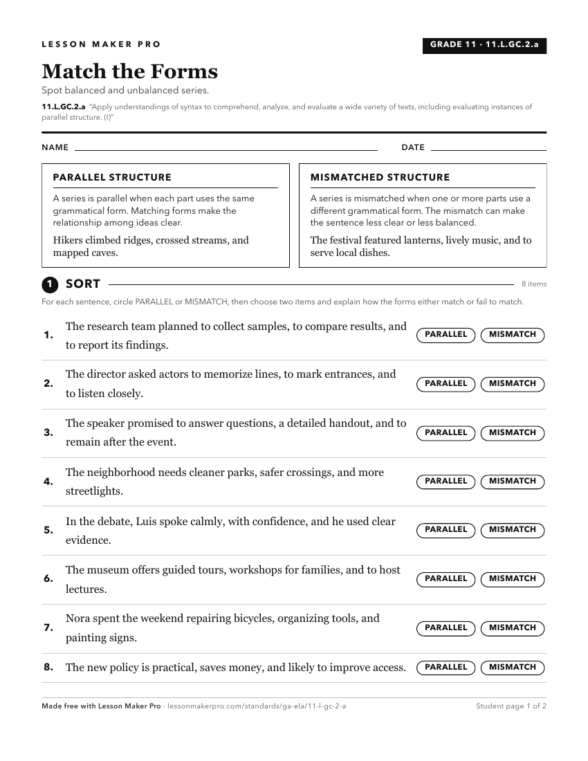 Preview of the 11.L.GC.2.a printable worksheet