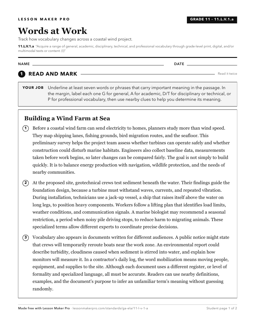 Preview of the 11.L.V.1.a printable worksheet