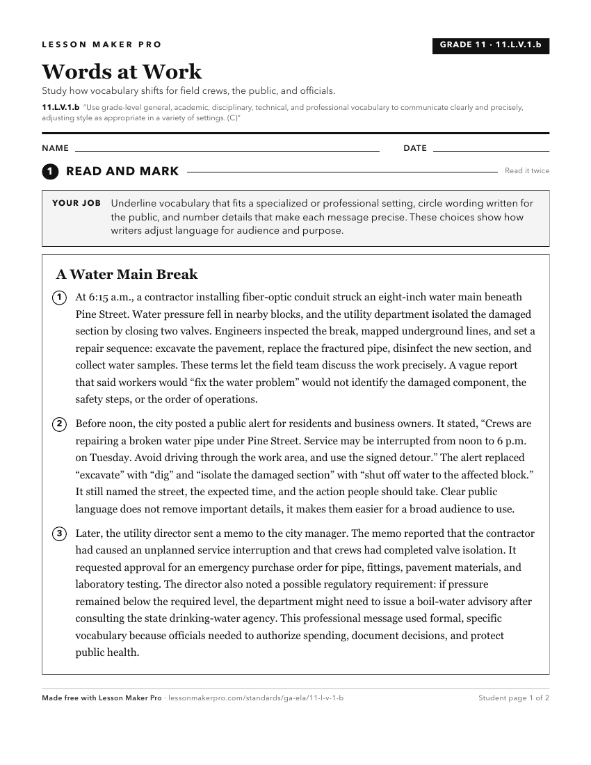 Preview of the 11.L.V.1.b printable worksheet