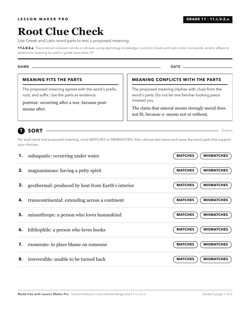 Preview of the 11.L.V.2.a printable worksheet