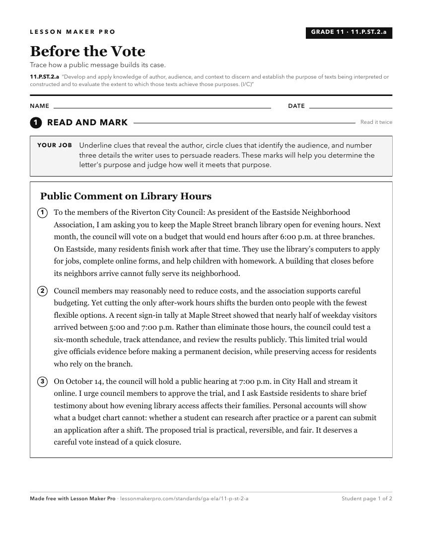 Preview of the 11.P.ST.2.a printable worksheet
