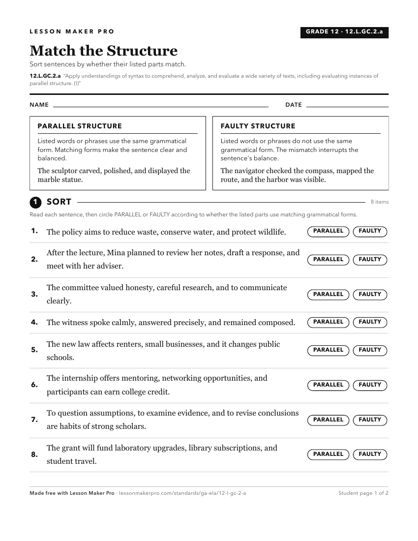 Preview of the 12.L.GC.2.a printable worksheet
