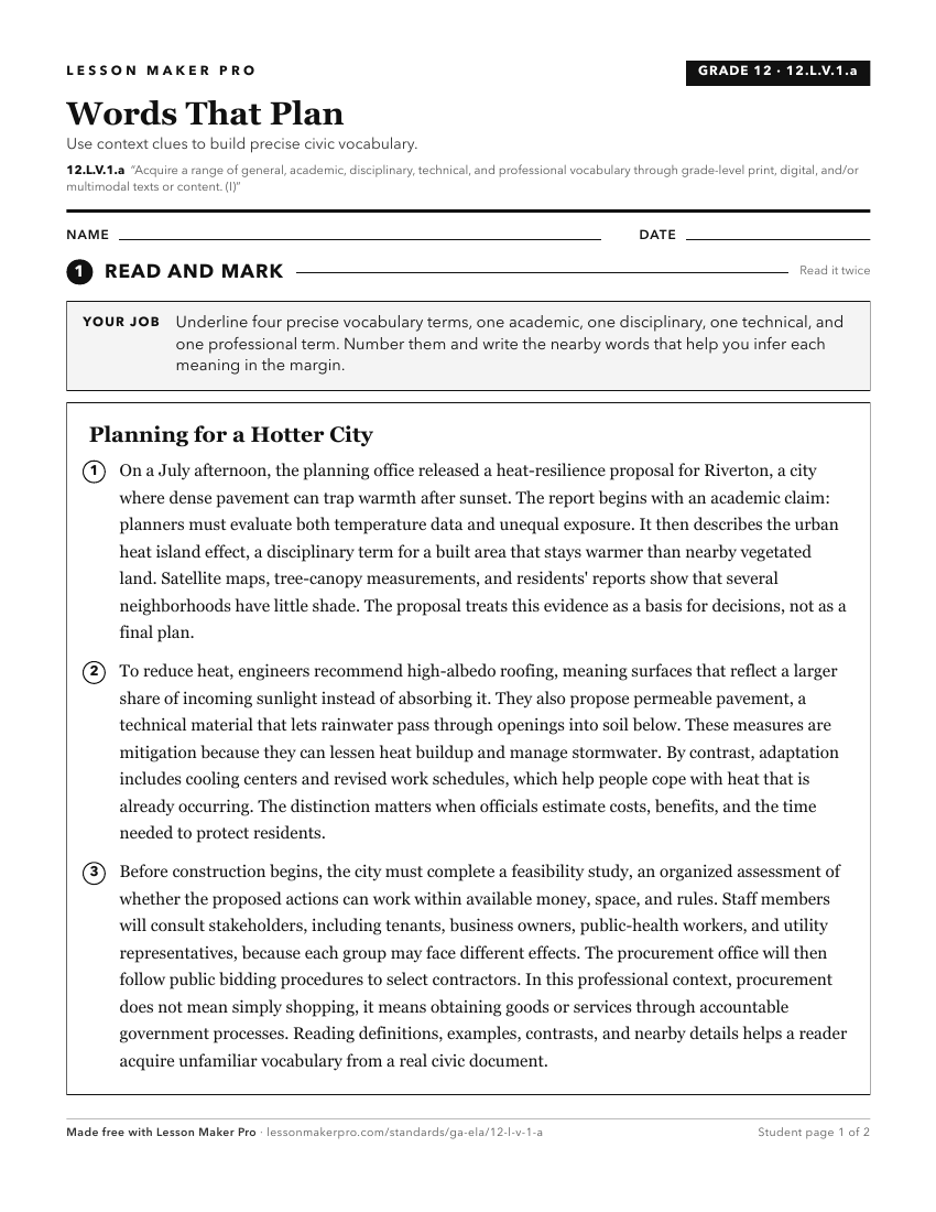 Preview of the 12.L.V.1.a printable worksheet