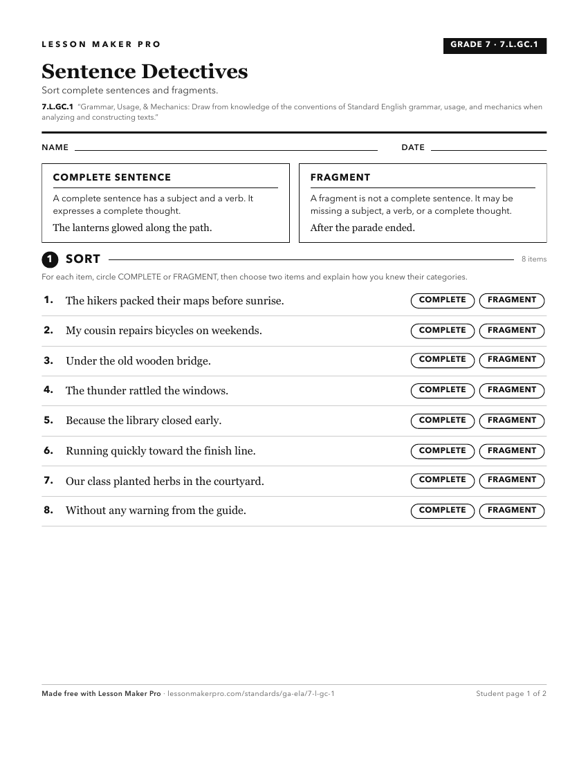 Preview of the 7.L.GC.1 printable worksheet