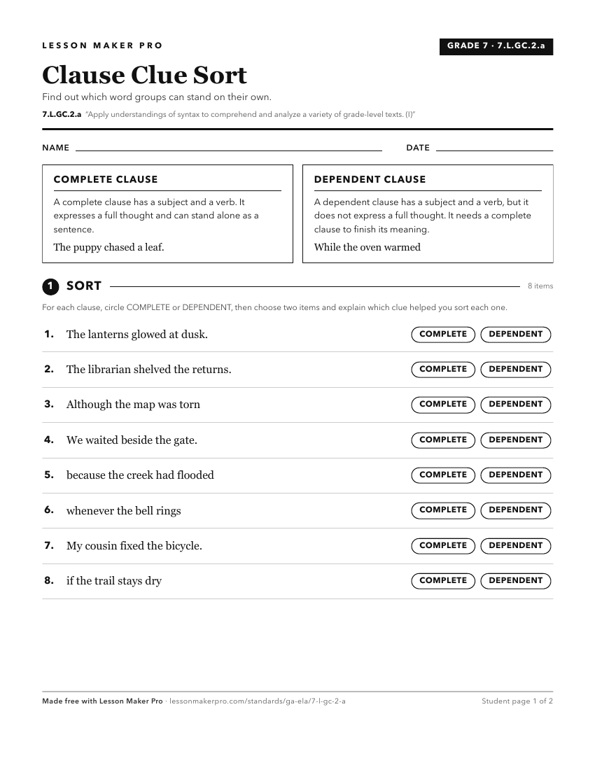 Preview of the 7.L.GC.2.a printable worksheet