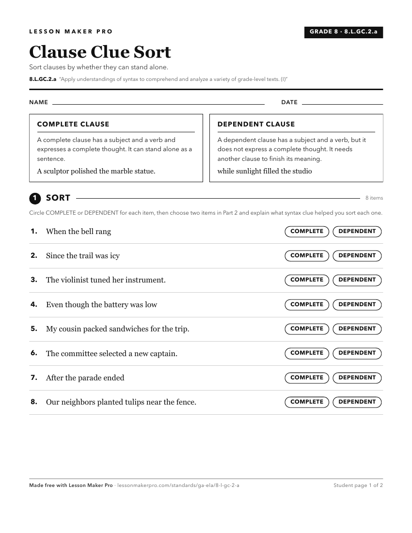 Preview of the 8.L.GC.2.a printable worksheet