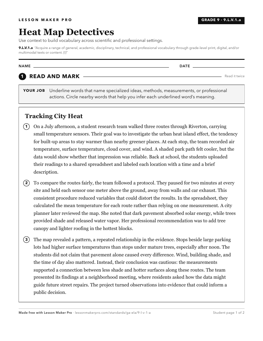 Preview of the 9.L.V.1.a printable worksheet