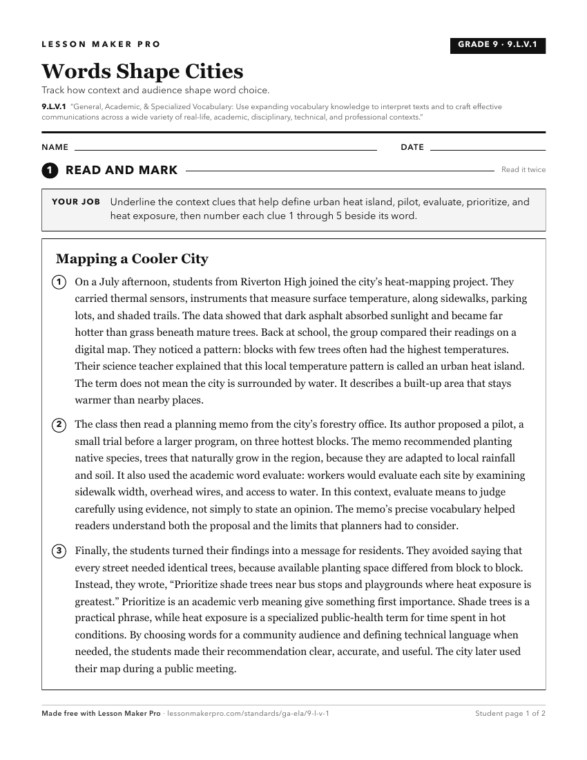 Preview of the 9.L.V.1 printable worksheet