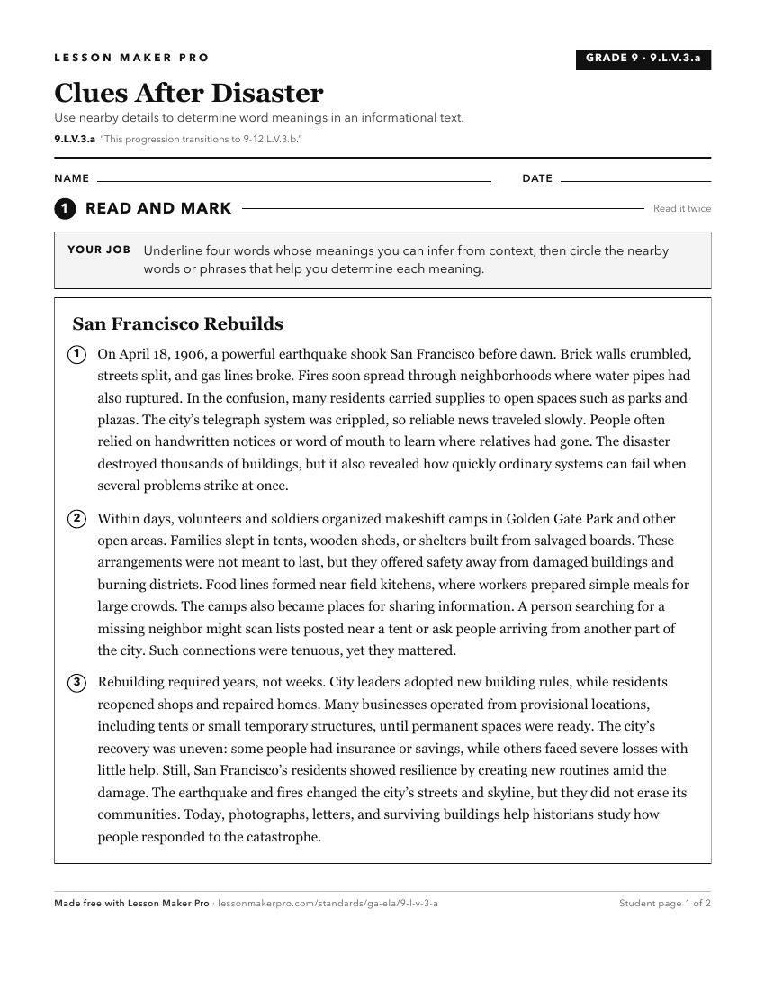 Preview of the 9.L.V.3.a printable worksheet