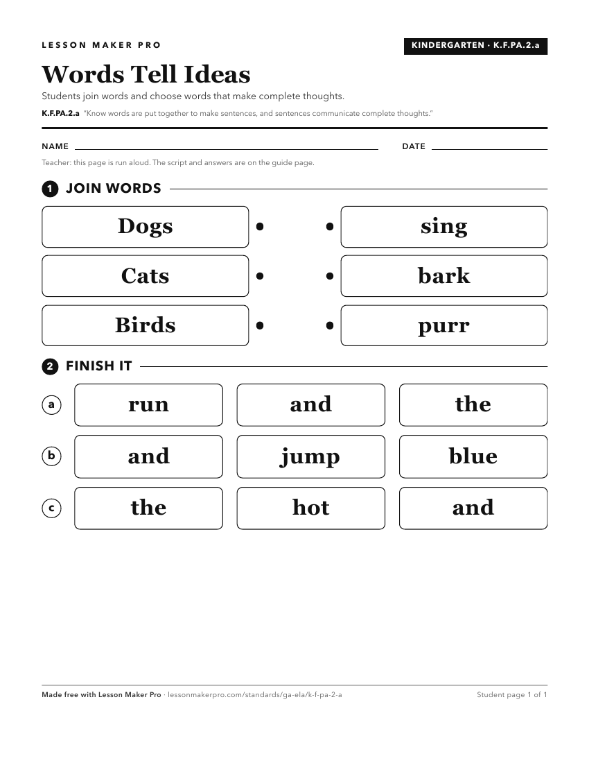 Preview of the K.F.PA.2.a printable worksheet