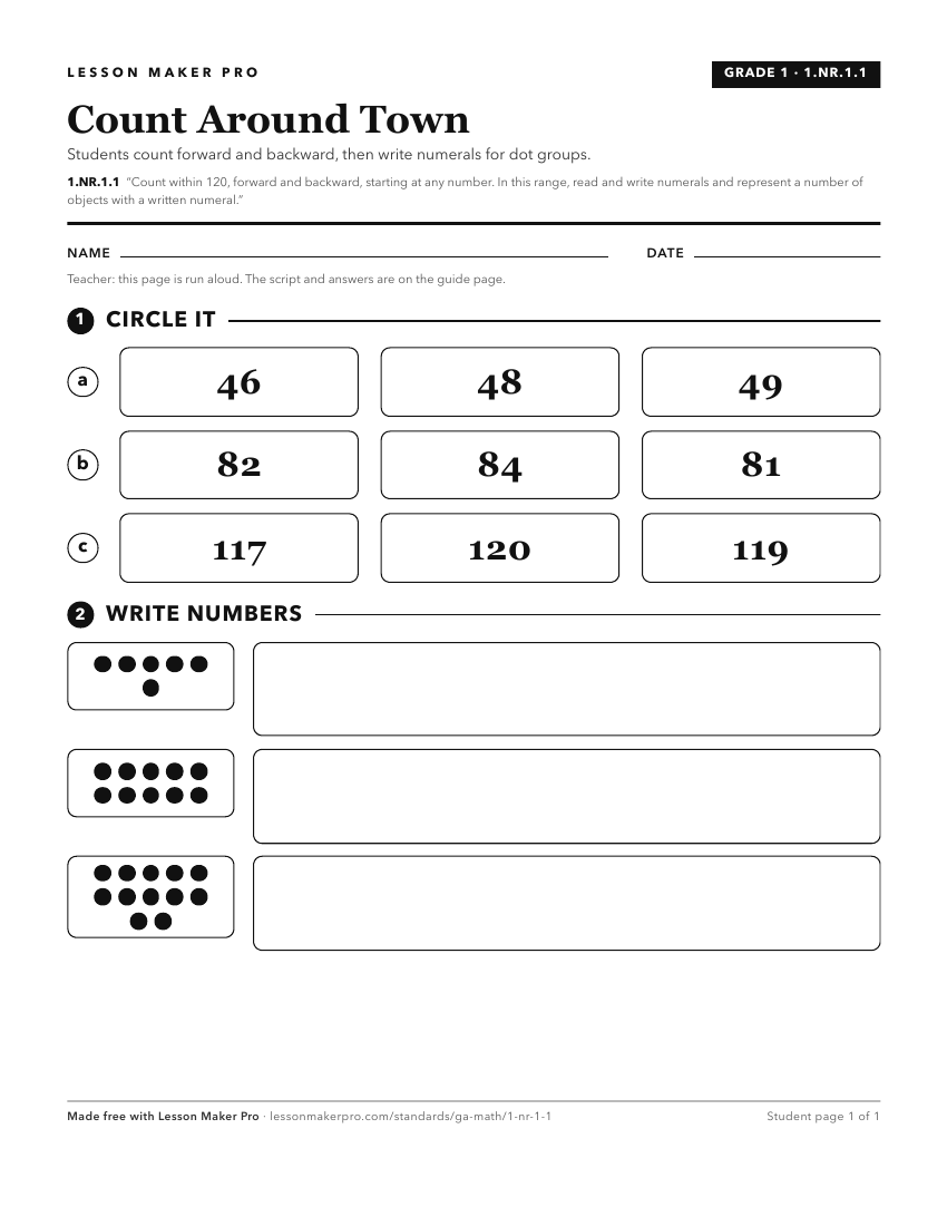 Preview of the 1.NR.1.1 printable worksheet