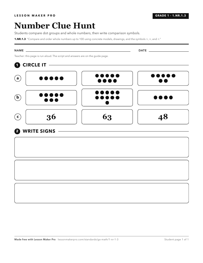 Preview of the 1.NR.1.3 printable worksheet