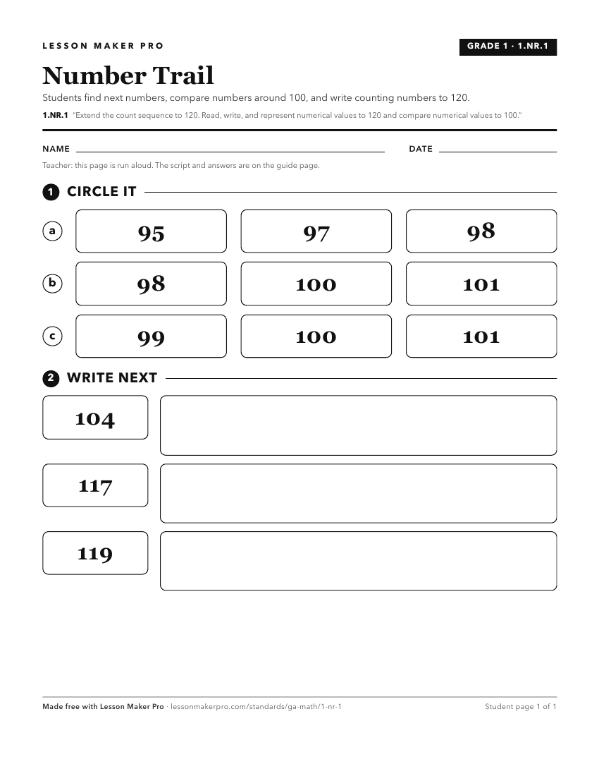 Preview of the 1.NR.1 printable worksheet