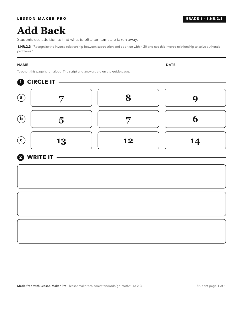 Preview of the 1.NR.2.3 printable worksheet