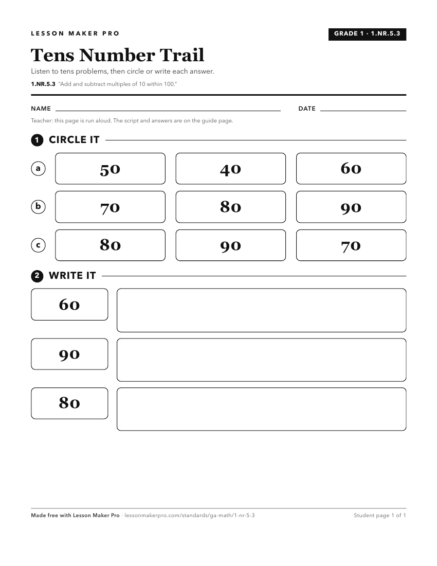Preview of the 1.NR.5.3 printable worksheet