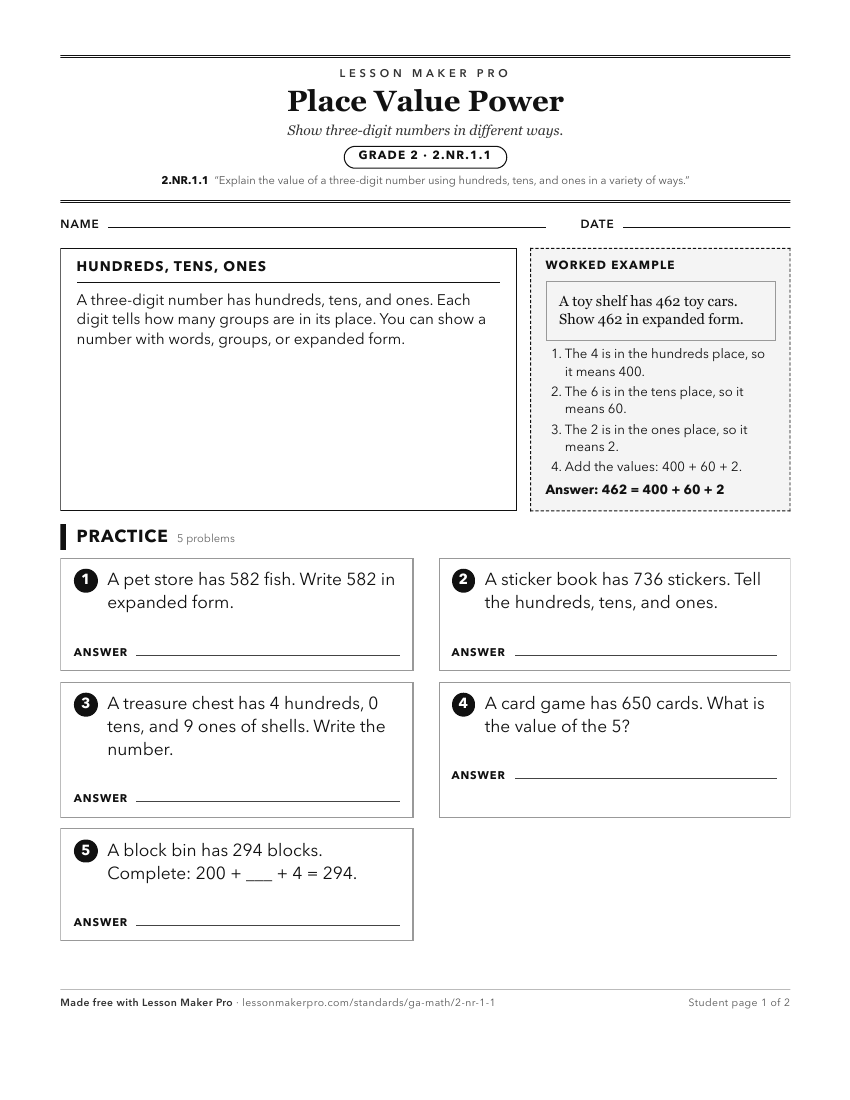 Preview of the 2.NR.1.1 printable worksheet