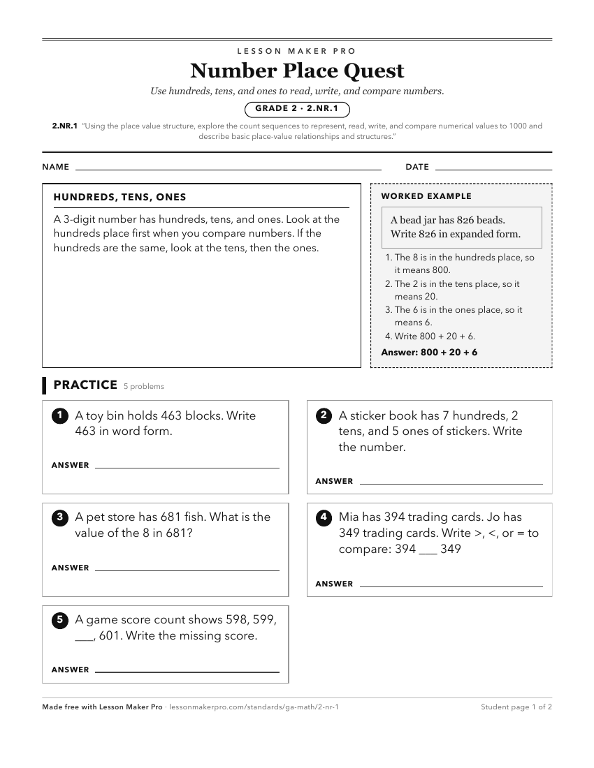 Preview of the 2.NR.1 printable worksheet