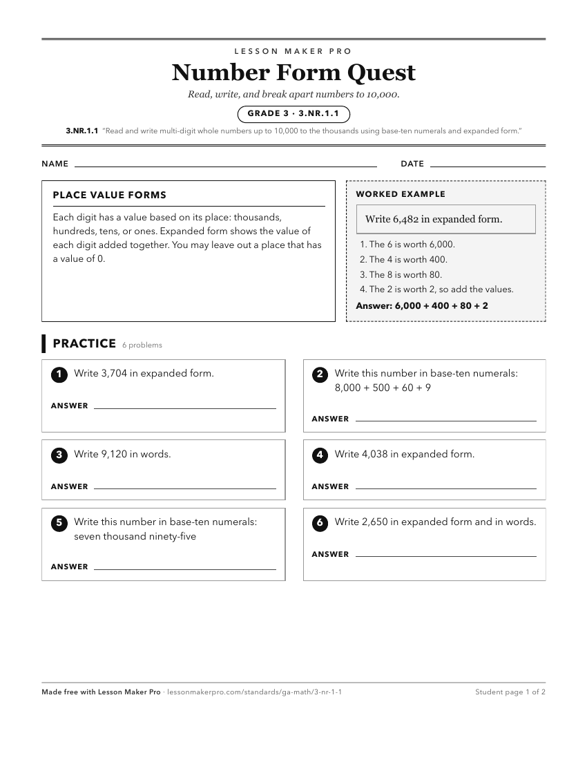 Preview of the 3.NR.1.1 printable worksheet