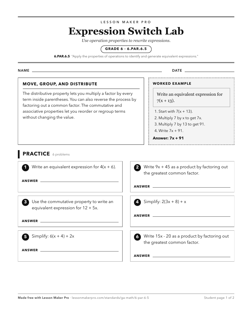Preview of the 6.PAR.6.5 printable worksheet