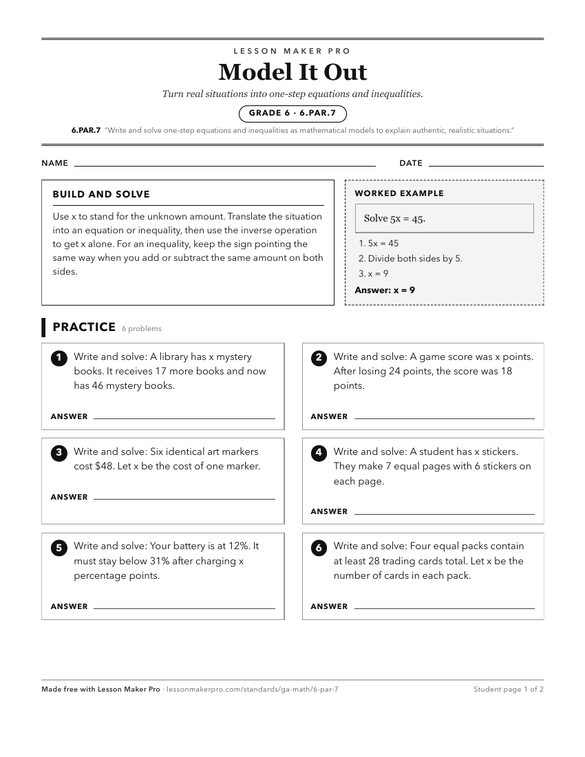 Preview of the 6.PAR.7 printable worksheet