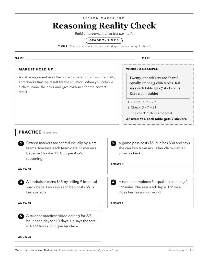 Preview of the 7.MP.3 printable worksheet