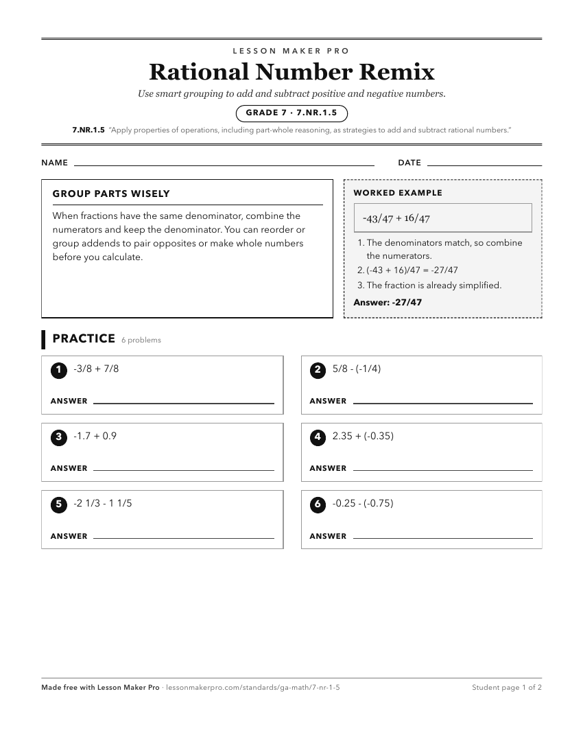 Preview of the 7.NR.1.5 printable worksheet