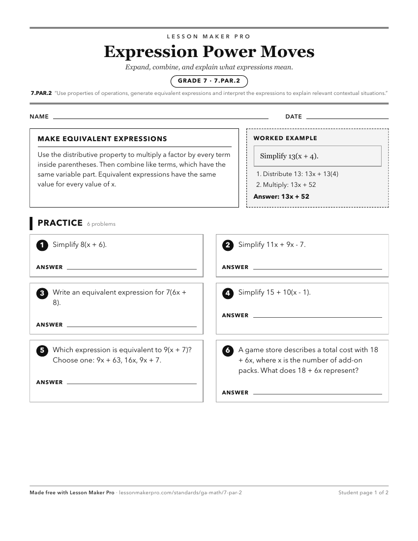Preview of the 7.PAR.2 printable worksheet