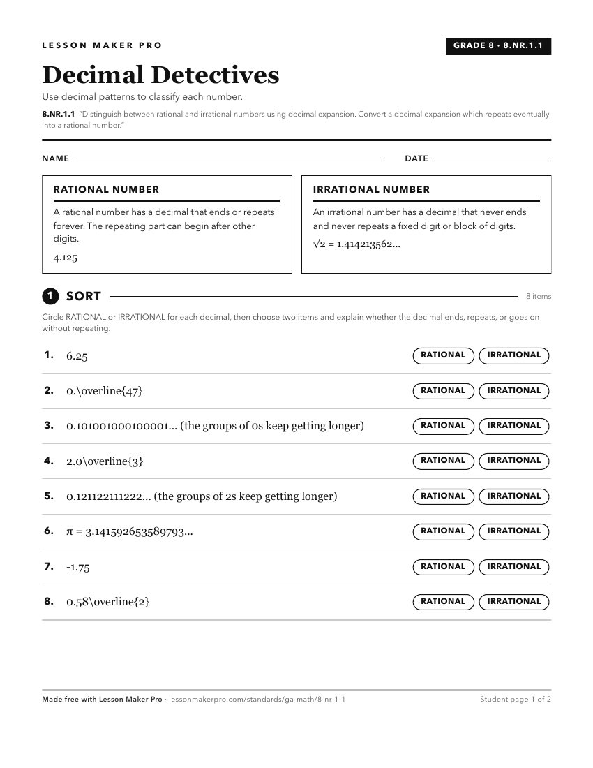 Preview of the 8.NR.1.1 printable worksheet