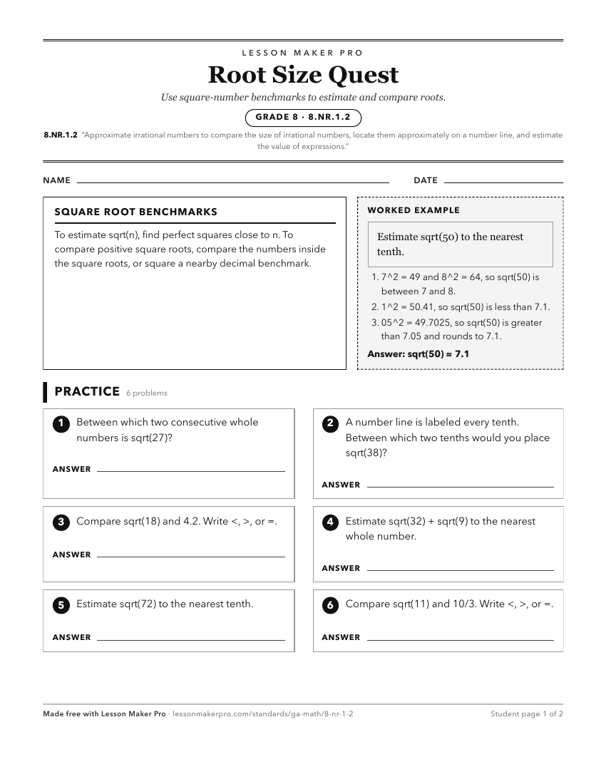 Preview of the 8.NR.1.2 printable worksheet