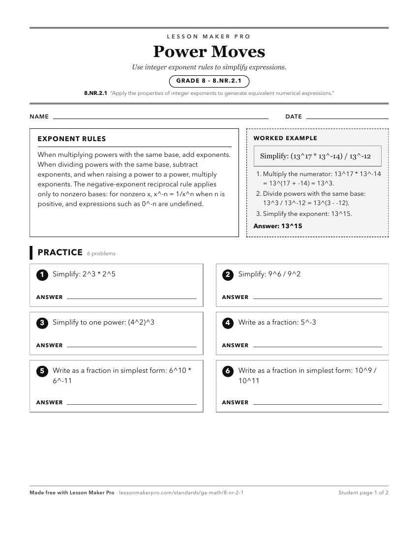 Preview of the 8.NR.2.1 printable worksheet