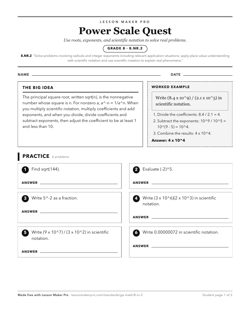 Preview of the 8.NR.2 printable worksheet
