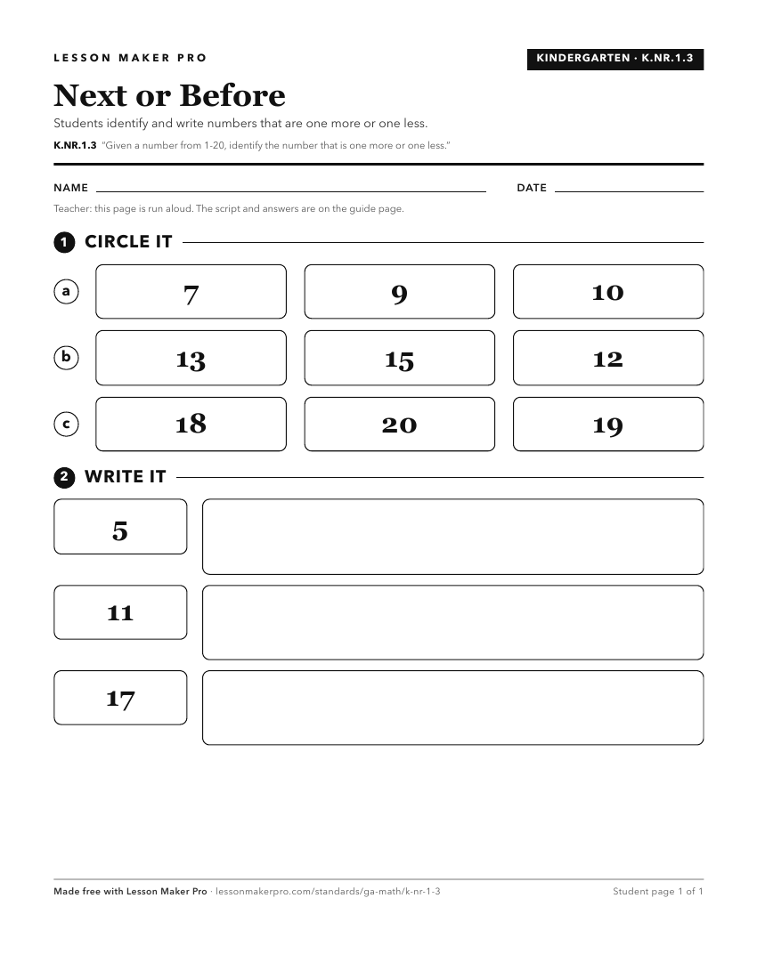 Preview of the K.NR.1.3 printable worksheet